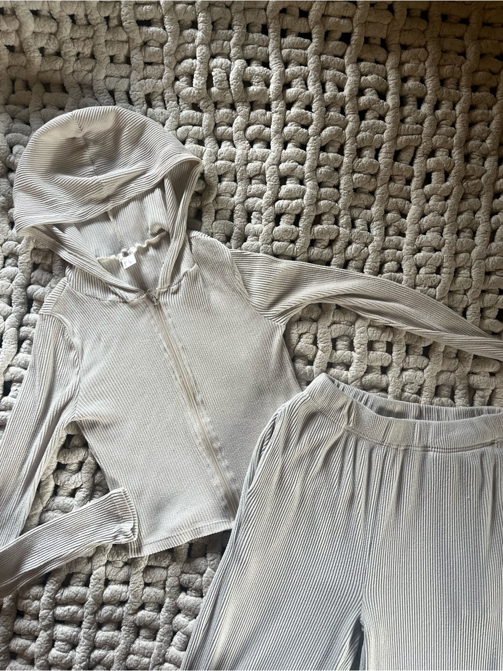 Womens Ribbed Hooded Set - Cream